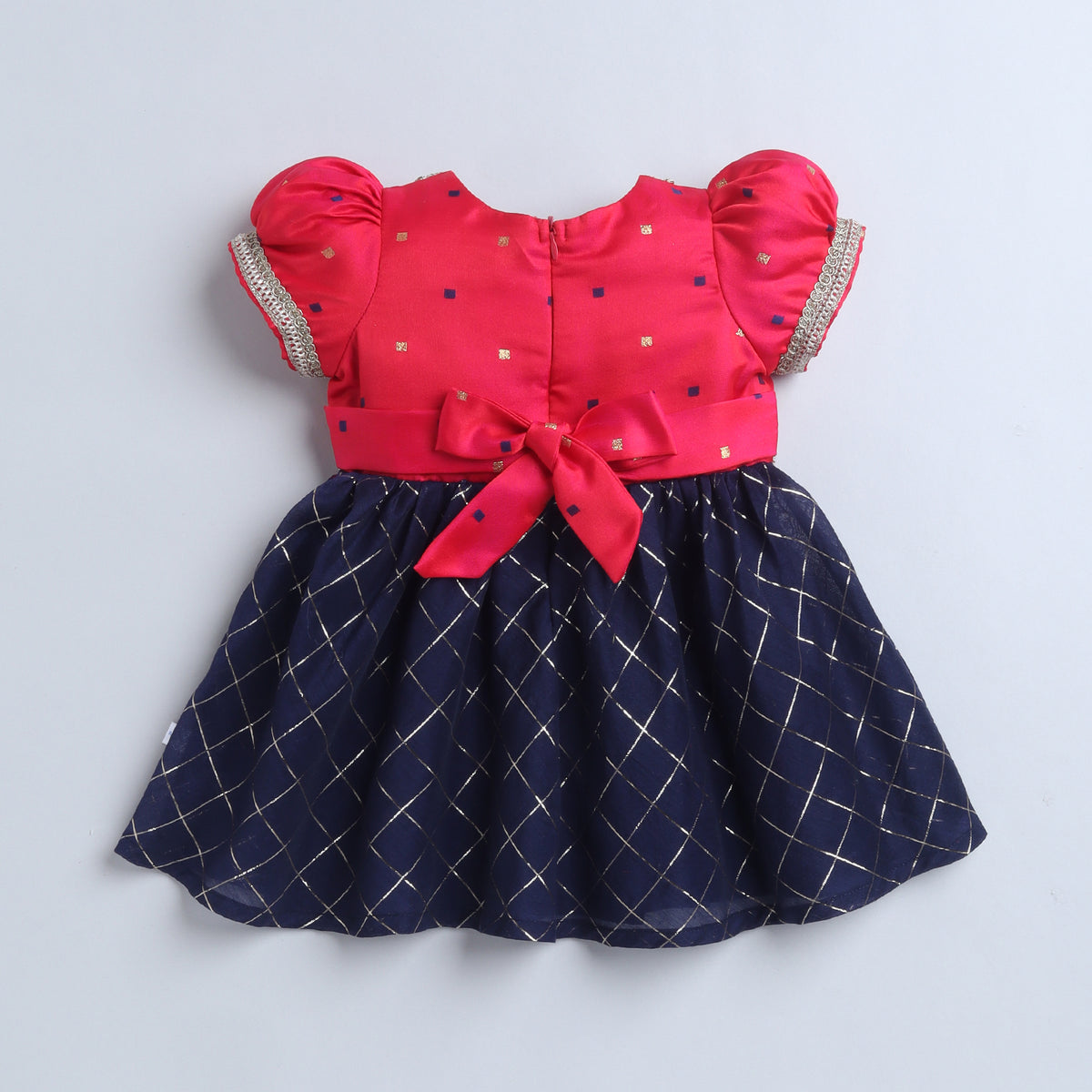Many Frocks & Chanderi Puff Sleeves Woven Checks Lace Embellished Knee Length Ethnic Dress- Blue & Pink