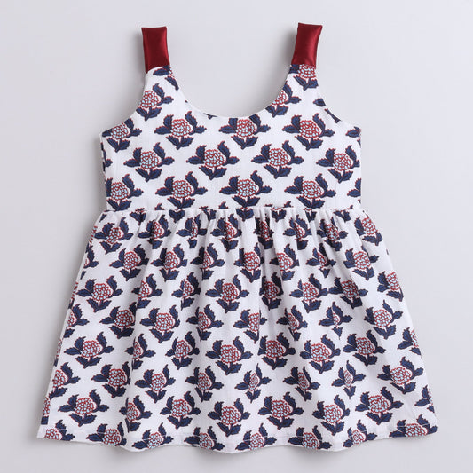 Many Frocks & knee length sleeveless singlet girls causal dress - White&Blue