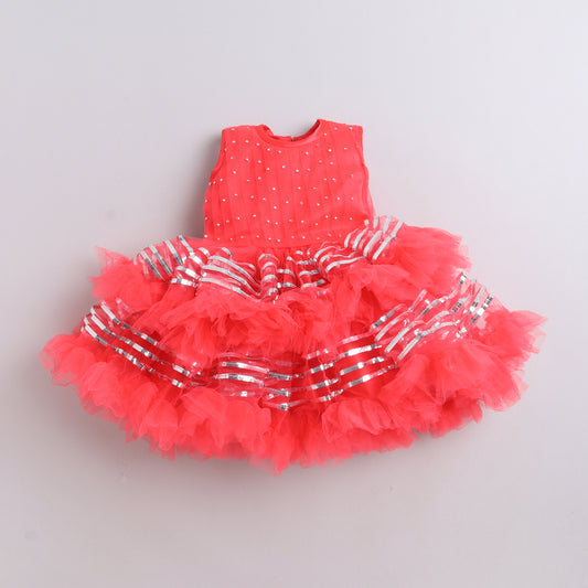 Many Frocks knee length frills enhanced layered party dress - Red