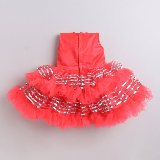 Many Frocks & Net Sleeveless Lace Embellished Knee Length Baby Party Dress - Red