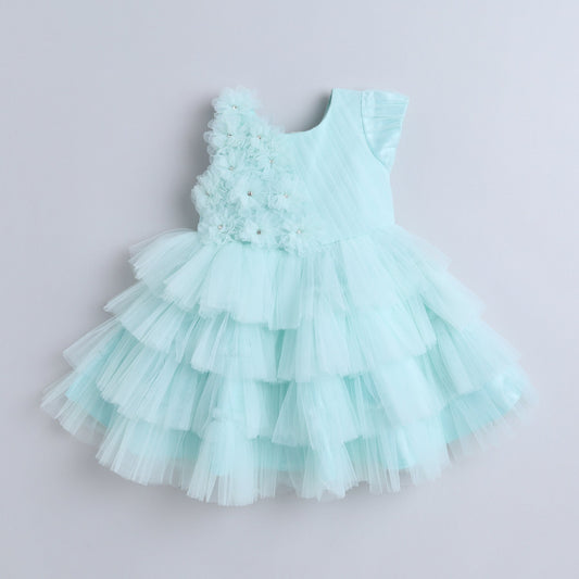 Many Frocks & Knee length half Sleeves 3d Flower Party Dress-Green