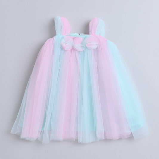 Many Frocks & Knee length half Sleeves 3d Flower Party Dress-Pink