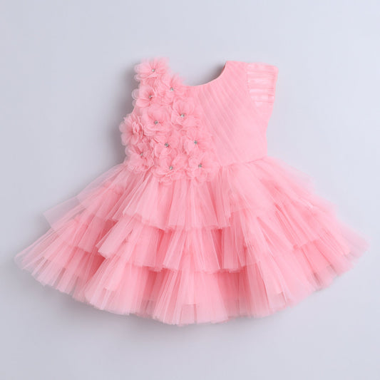 Many Frocks & Knee length half Sleeves 3d Flower Party Dress-Pink