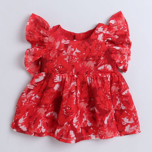 Many Frocks & sleeveless frilly knee length baby & girls casual dress - Red