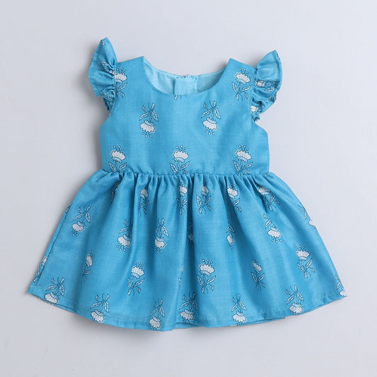 Many Frocks & flutter sleeves, knee length baby and girls casual dress - Blue