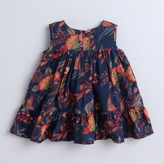 Many Frocks & printed tiered sleeveles knee length baby & girls casual dress - Blue