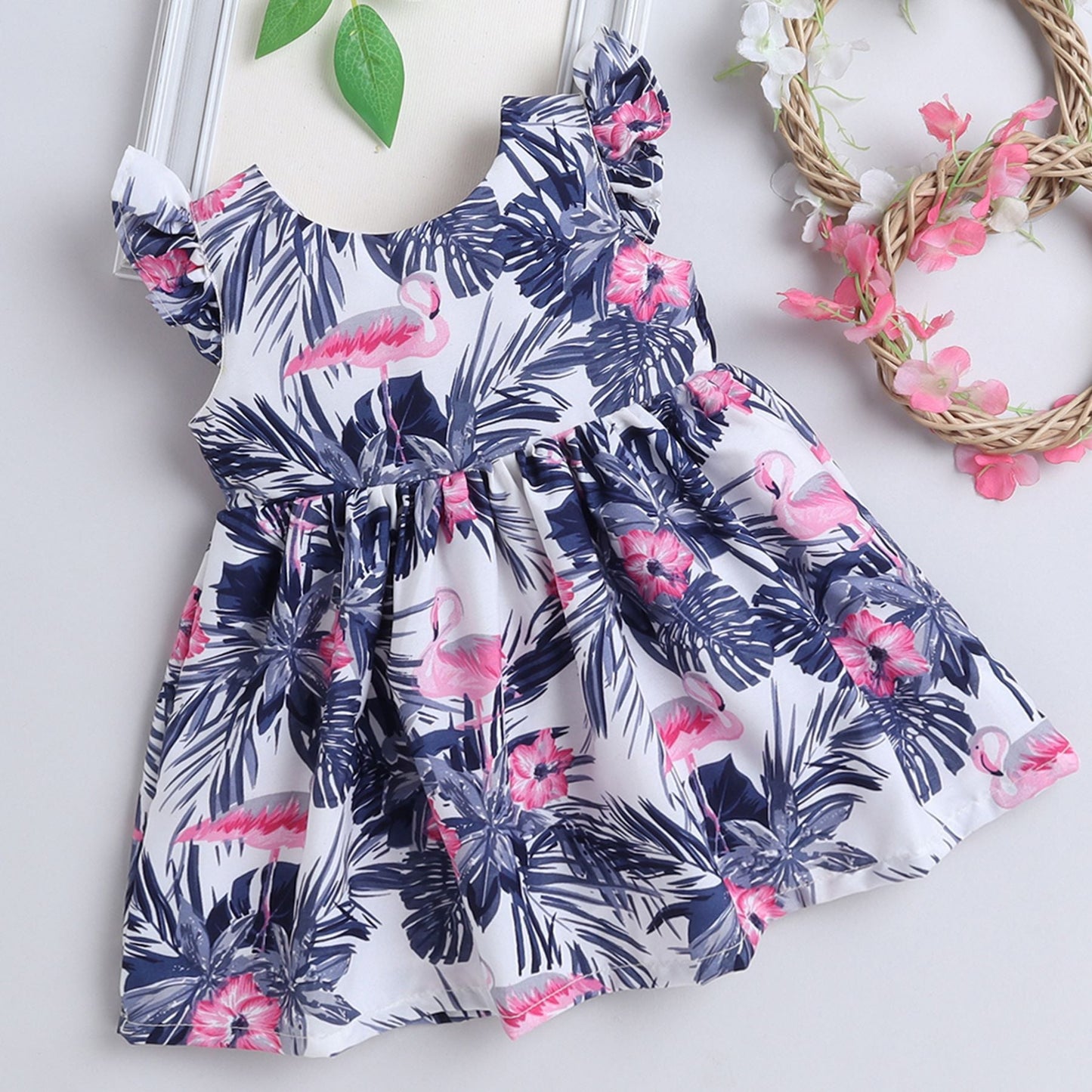 Many Frocks & knee length flutter sleeves flamingo printed baby & girls dress - White