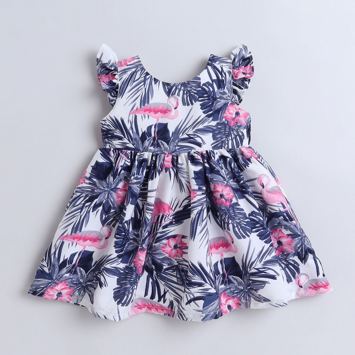 Many Frocks & knee length flutter sleeves flamingo printed baby & girls dress - White