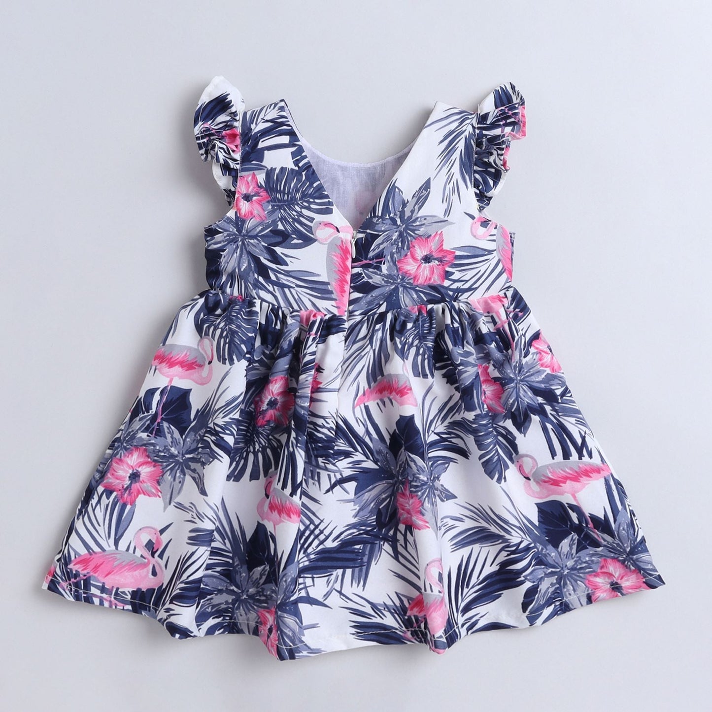 Many Frocks & knee length flutter sleeves flamingo printed baby & girls dress - White