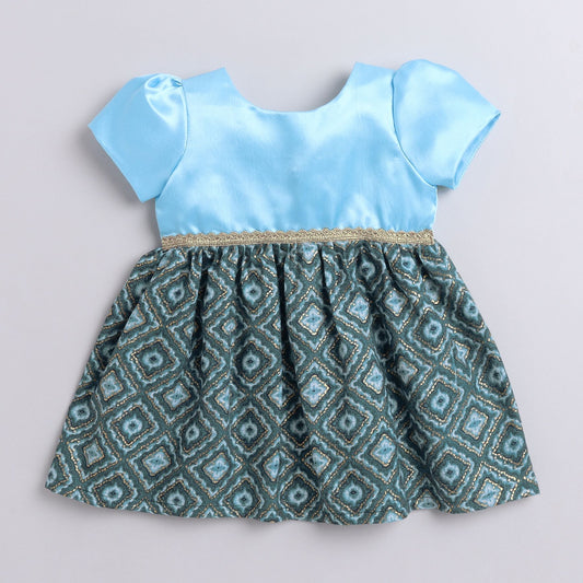 Many Frocks & Foil Printed Knee Length Puff Sleeve Baby And Girls Ethnic Frock - Blue