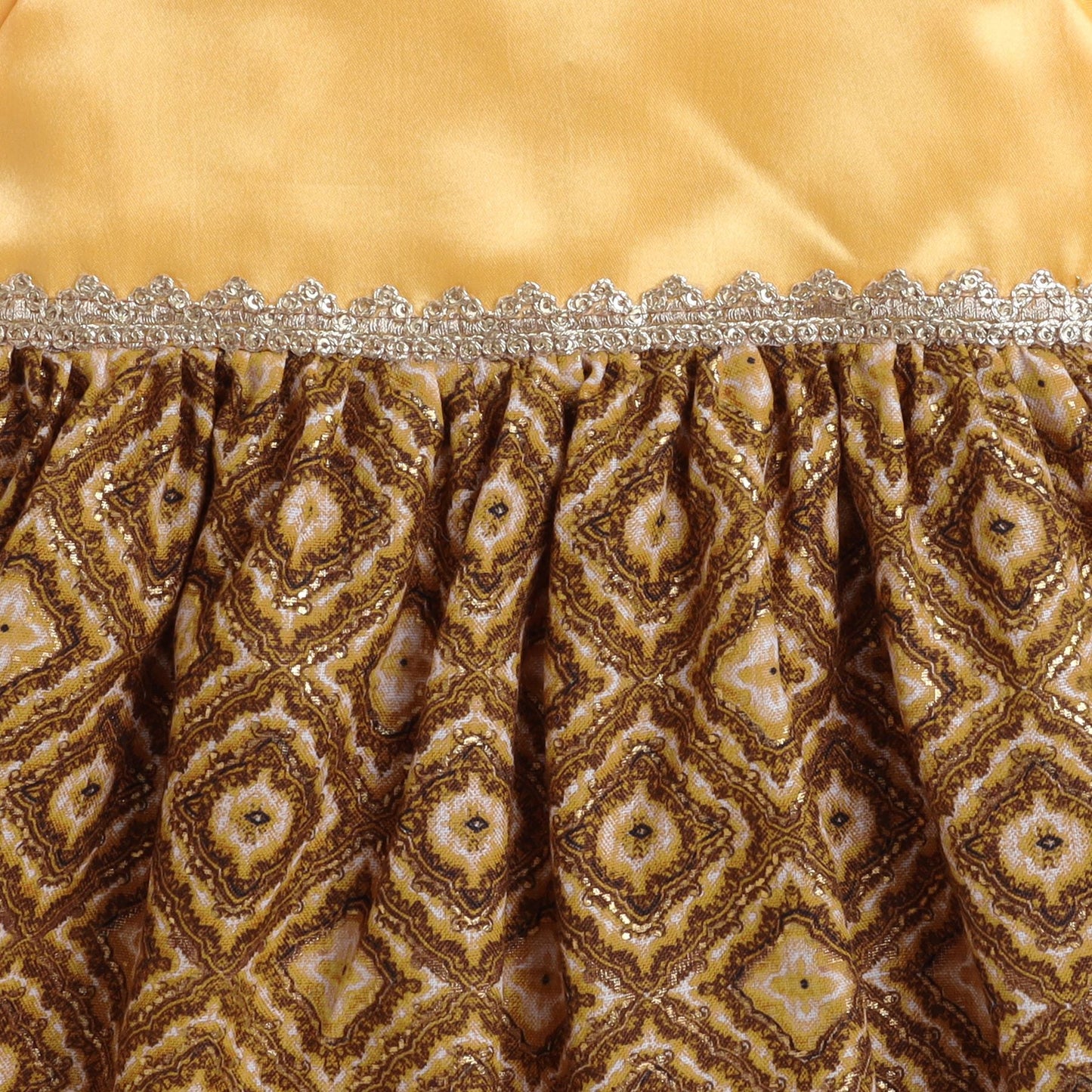 Many Frocks & Foil Printed Knee Length Puff Sleeve Baby And Girls Ethnic Frock - Yellow