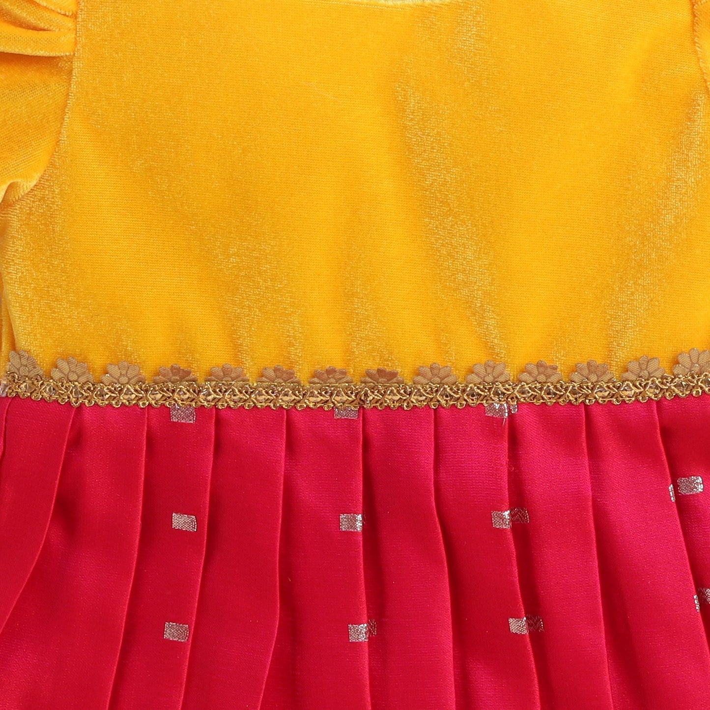 Many Frocks & knee length velvet puff sleeves golden boti embellished baby ethnic frock - Pink & Yellow