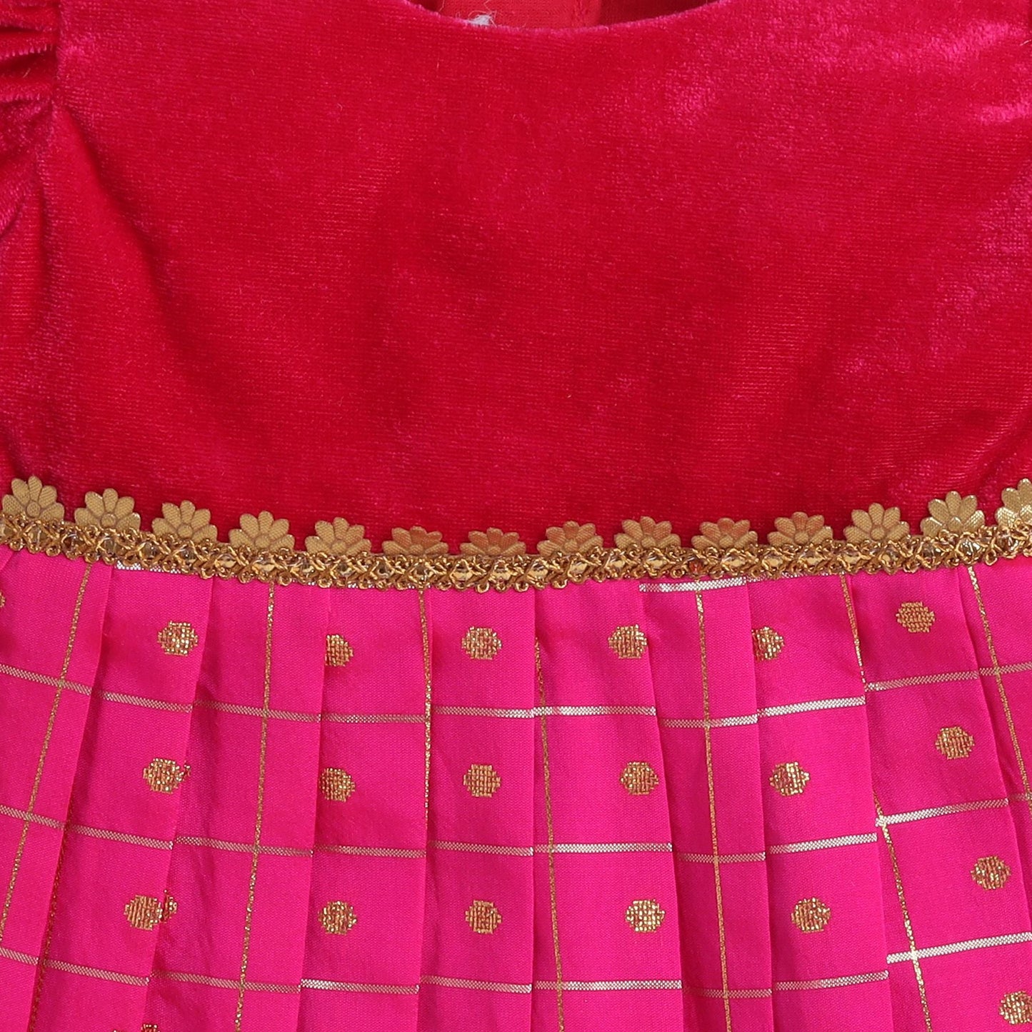 Many Frocks & knee length velvet puff sleeves golden boti golden checks embellished baby ethnic frock - Pink