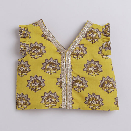 Many Frocks & Girls Printedcholi And Lengha Set - Yellow & Black