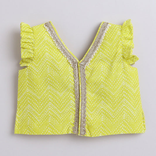 Many Frocks & Girls Printed Choli And Lengha Set - Yellow