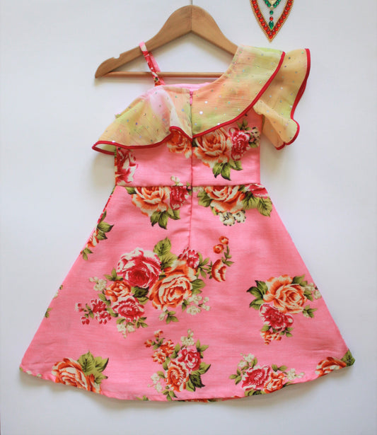 Many frocks & Half Sleeves Flower Printed One Shoulder Gown - Pink