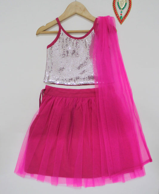 Girls Pink & Silver-Toned Embellished Top with Skirt & Dupatta