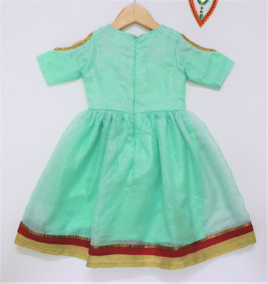 Many frocks & Half Sleeves Brocade Yoke Detailing Gown - Sea Green