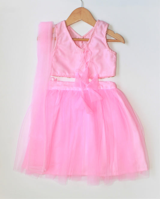 Many frocks & Gota Patti Detailing Sleeveless Choli With Lehenga - Light Pink