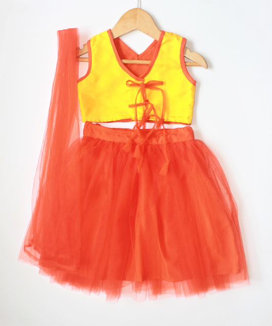 Many frocks & Sequin Embellished Sleeveless Choli With Lehenga & Dupatta - Orange