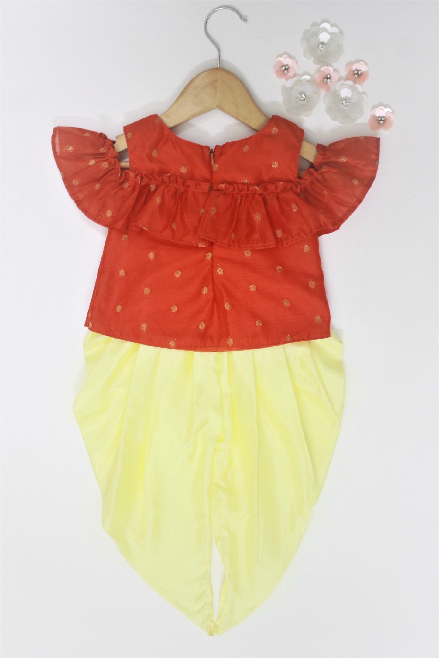 Many frocks & Chanderi Sleeveless Kurta With Dhoti - Red & Yellow