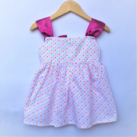 Many frocks & Multi Color Polka Dots Print Sleeveless Dress With Satin Bow - White