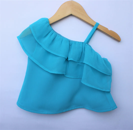 Many frocks & Sleeveless One Shoulder Ruffle Top - Blue