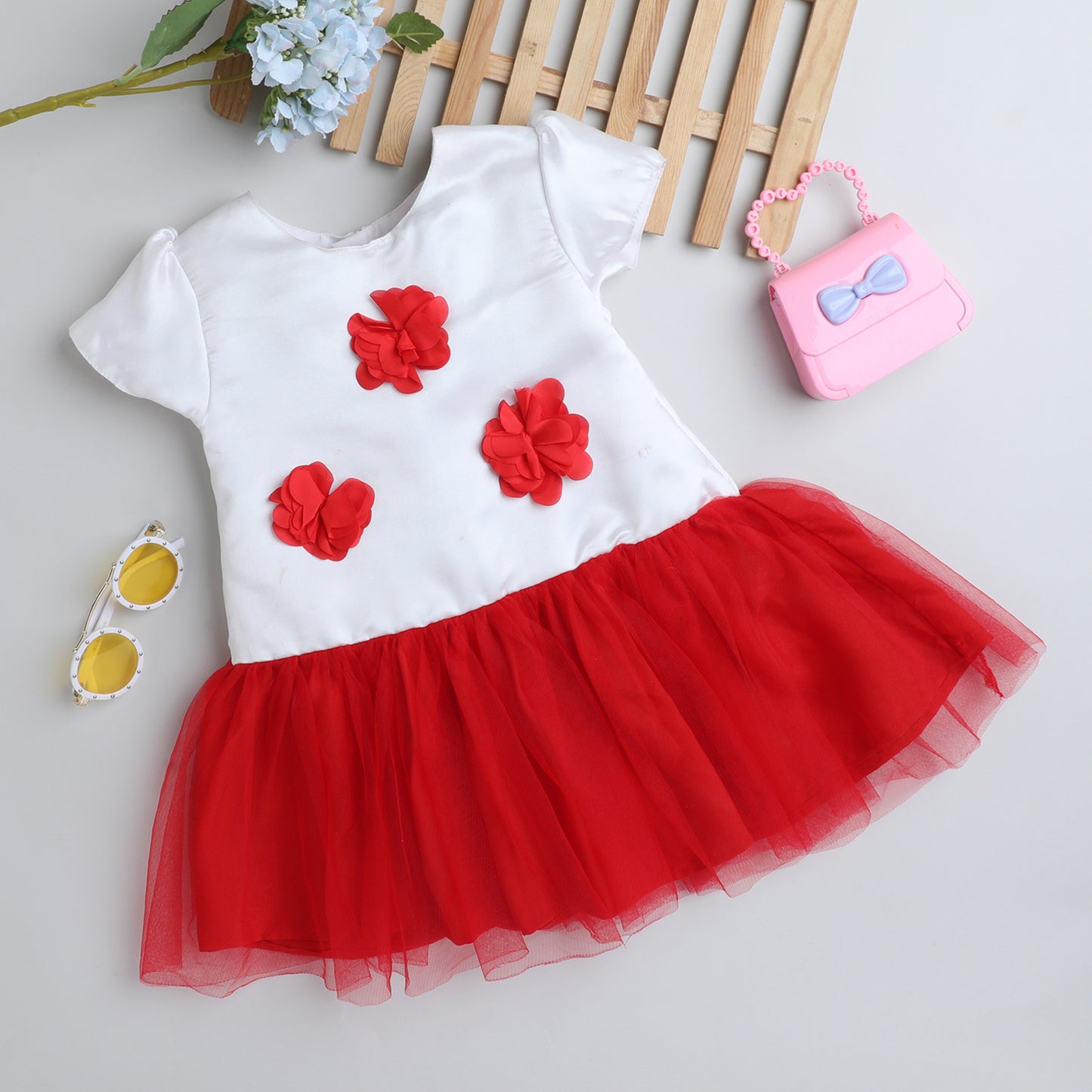 Many Frocks & net cap sleeves rose embellished party dress-White & Red