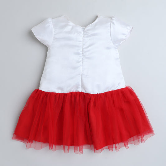 Many Frocks & net cap sleeves rose embellished party dress-White & Red