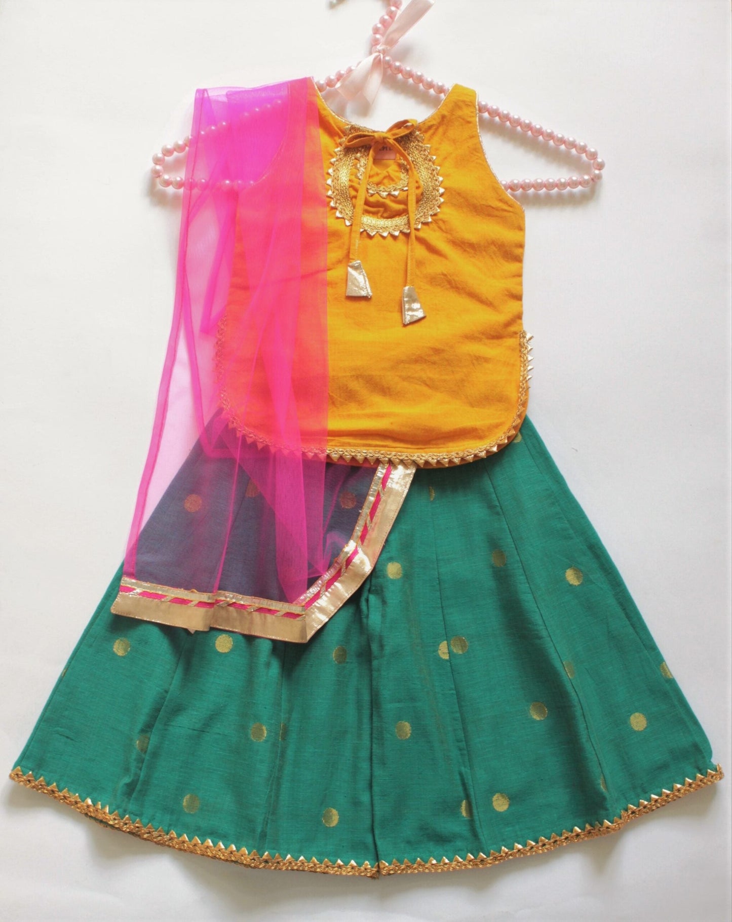 Many Frocks gold lace embellished ehnic kurta and plazo with dupatta - Yellow/Green