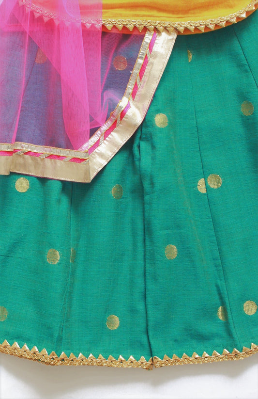 Many Frocks gold lace embellished ehnic kurta and plazo with dupatta - Yellow/Green