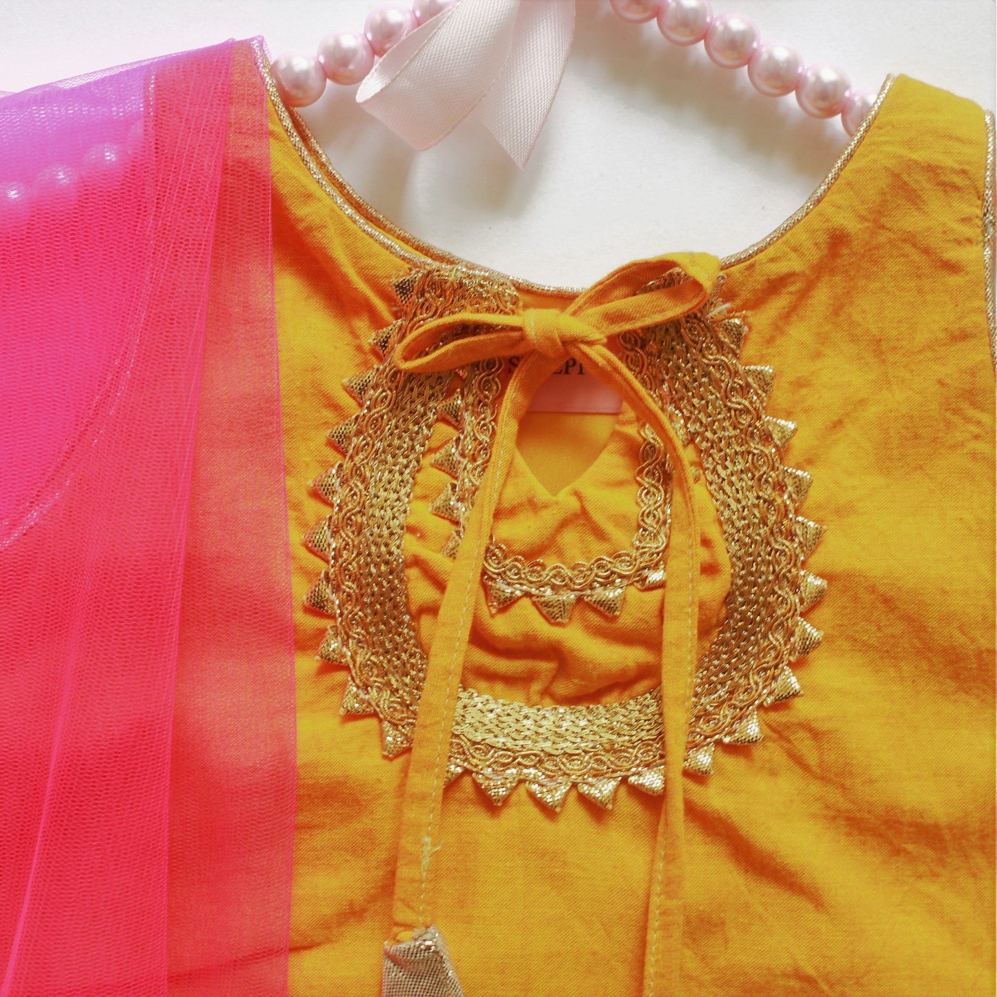 Many Frocks gold lace embellished ehnic kurta and plazo with dupatta - Yellow/Green