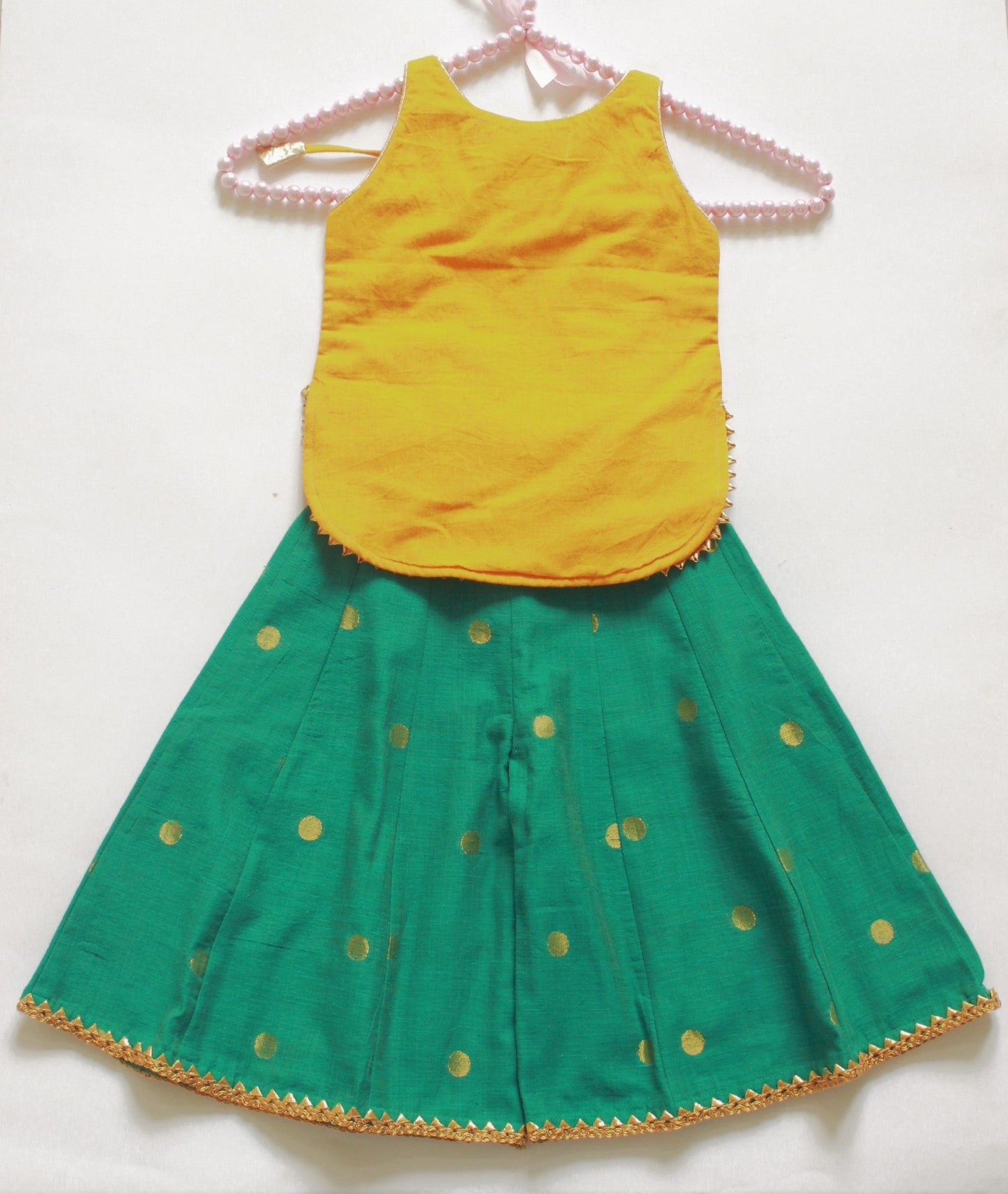 Many Frocks gold lace embellished ehnic kurta and plazo with dupatta - Yellow/Green