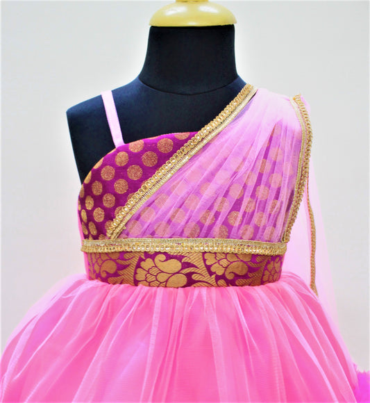 Many Frocks & Sleeveless Dots Print Netted Layered Gown With Attached Dupatta - Pink