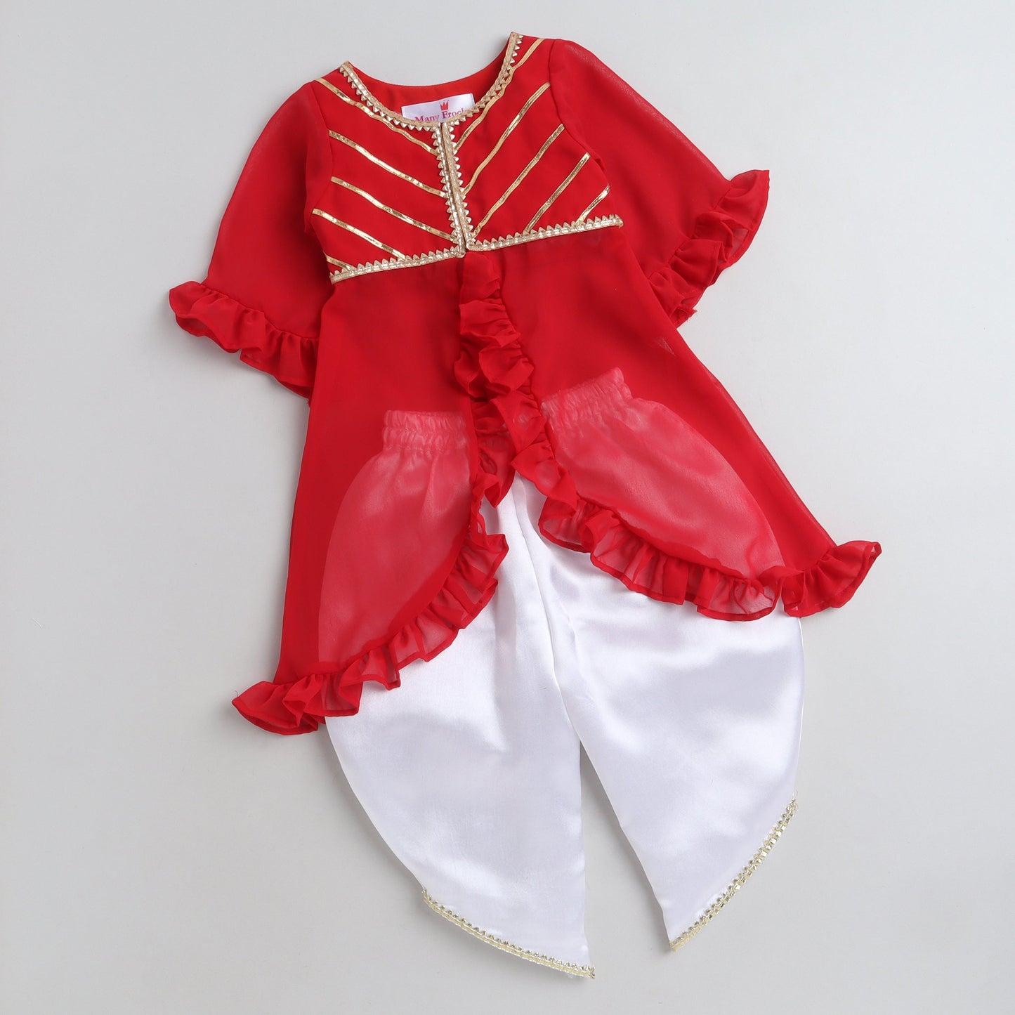Many Frocks & girls gota patti work jacket and dhoti set - Red/Cream