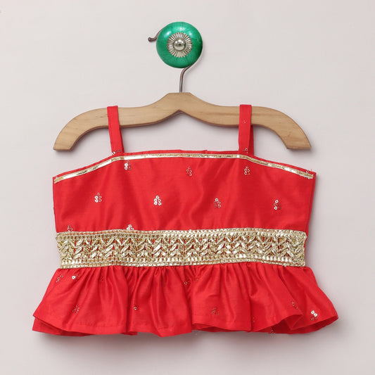 Many Frocks & gotta embellished top and bandhani dhoti set - Red/Blue