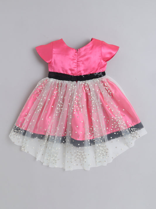 Many Frocks & Satin Cap Sleeves Embellished with Sequin Bow Knee Length High Low Baby Party gown - Pink