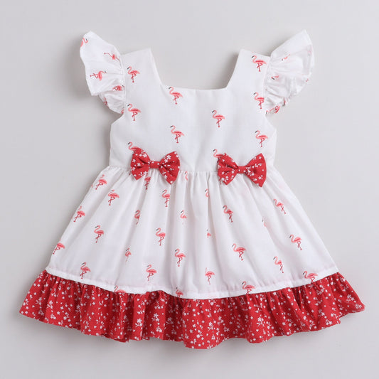 Many Frocks pink flamingo printed baby Causal dress - white