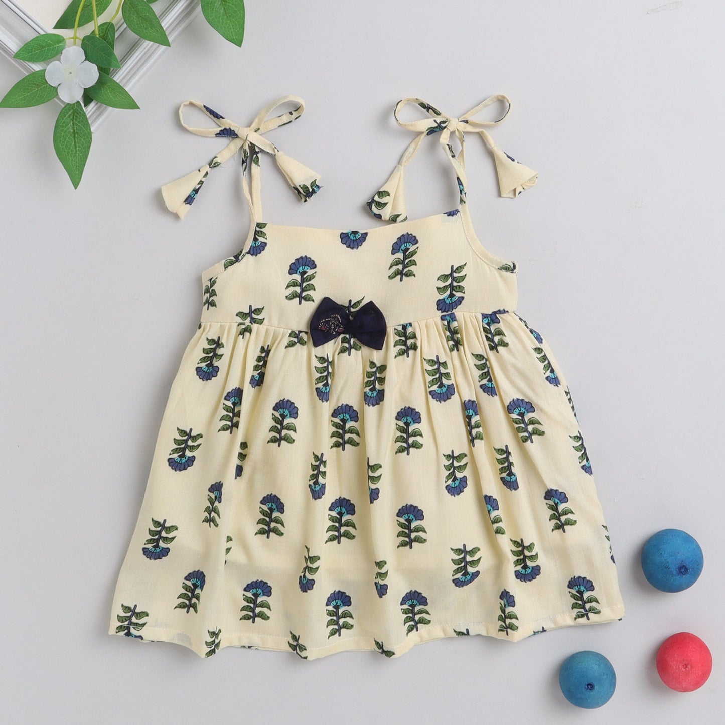 Many Frocks knee length foral printed silky textured baby dress - Blue & Cream