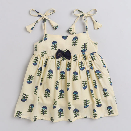 Many Frocks knee length foral printed silky textured baby dress - Blue & Cream
