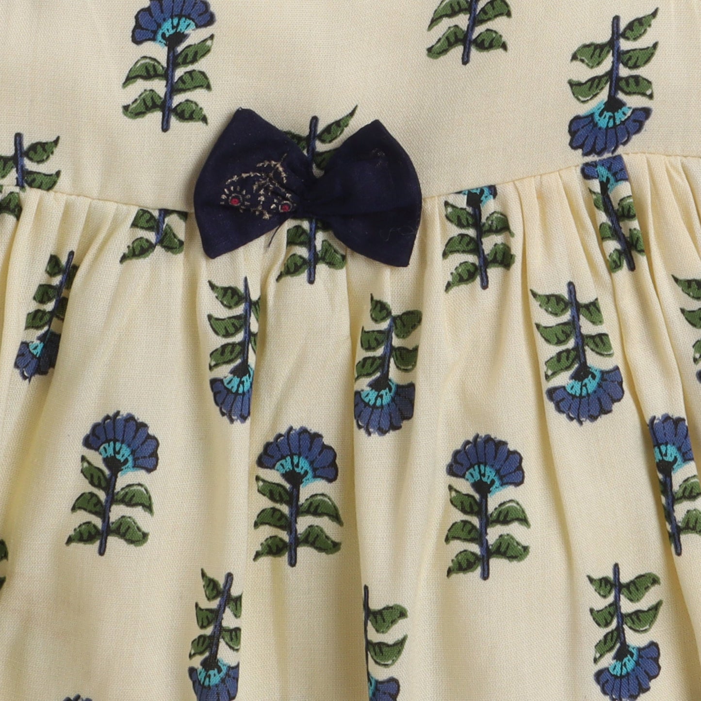 Many Frocks knee length foral printed silky textured baby dress - Blue & Cream