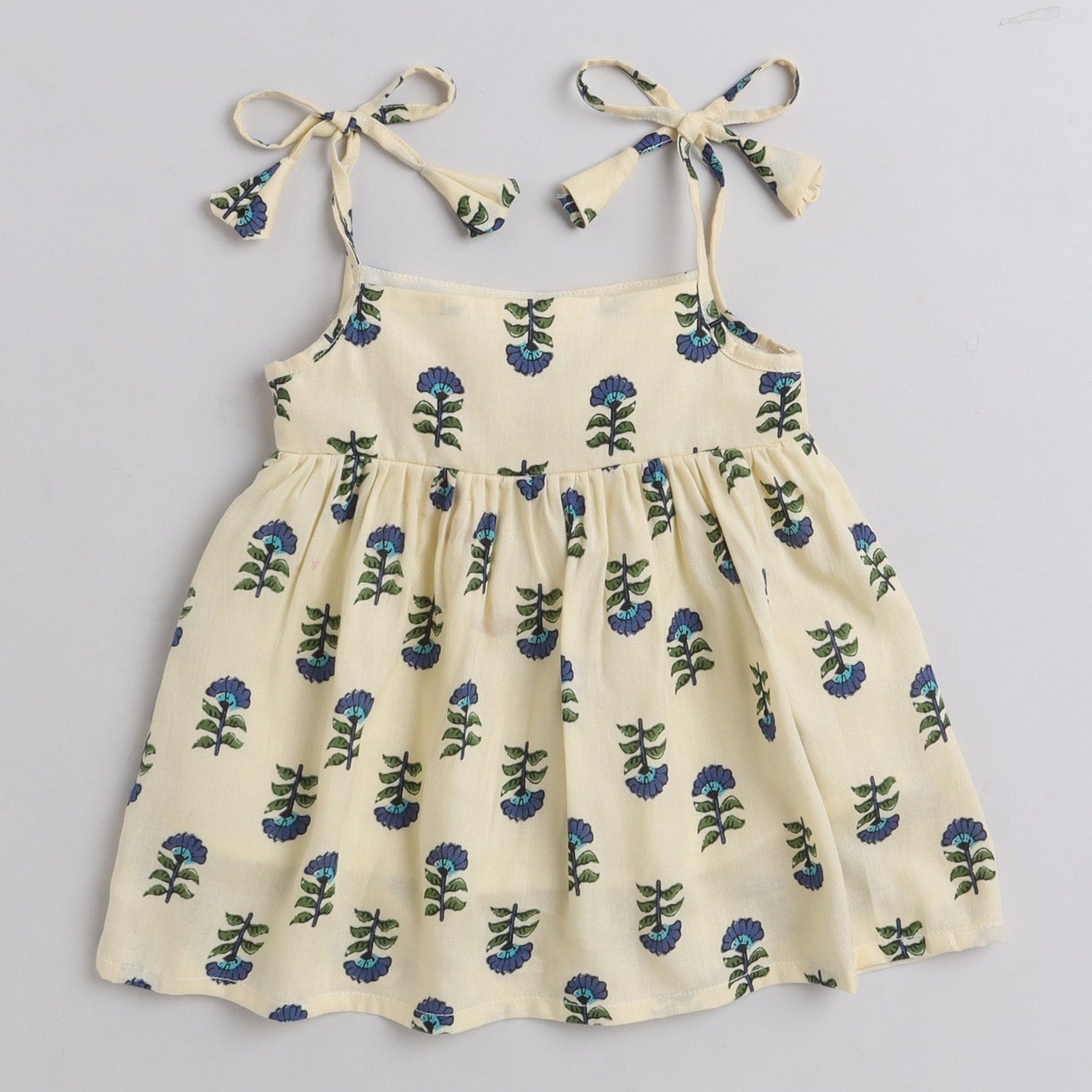Many Frocks knee length foral printed silky textured baby dress - Blue & Cream