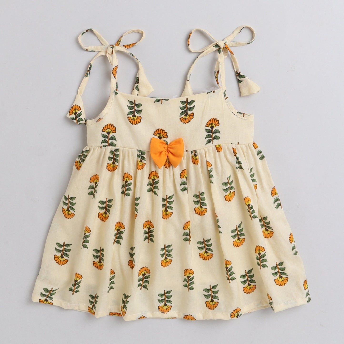 Many Frocks knee length foral printed silky textured baby dress - Yellow & Cream