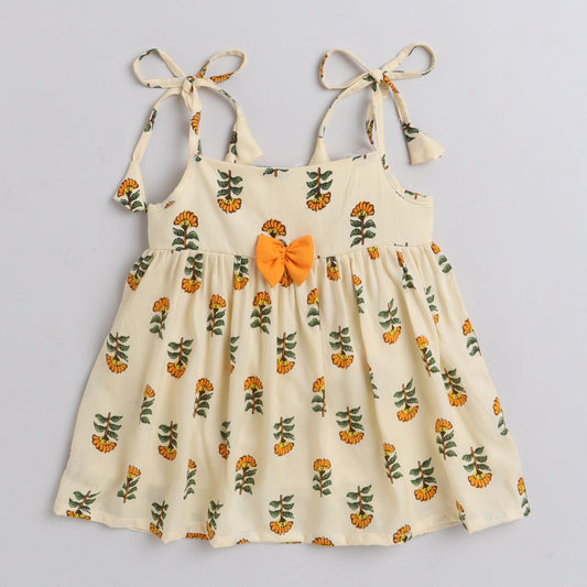 Many Frocks knee length foral printed silky textured baby dress - Yellow & Cream