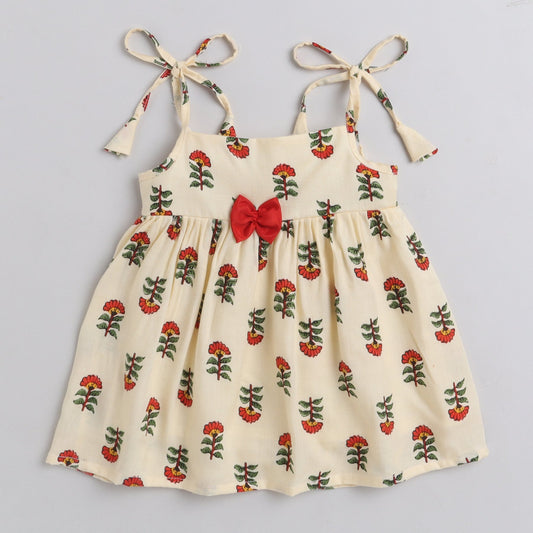 Many Frocks knee length foral printed silky textured baby dress - Red & Cream