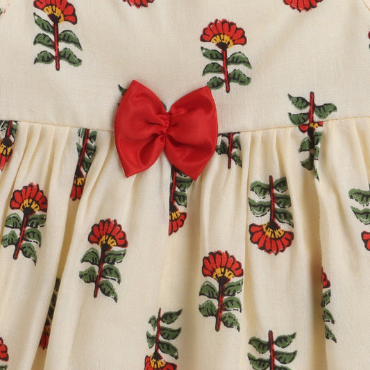 Many Frocks & Cotton Sleeveless Foral Printed Knee Length Baby Dress - Red & Cream