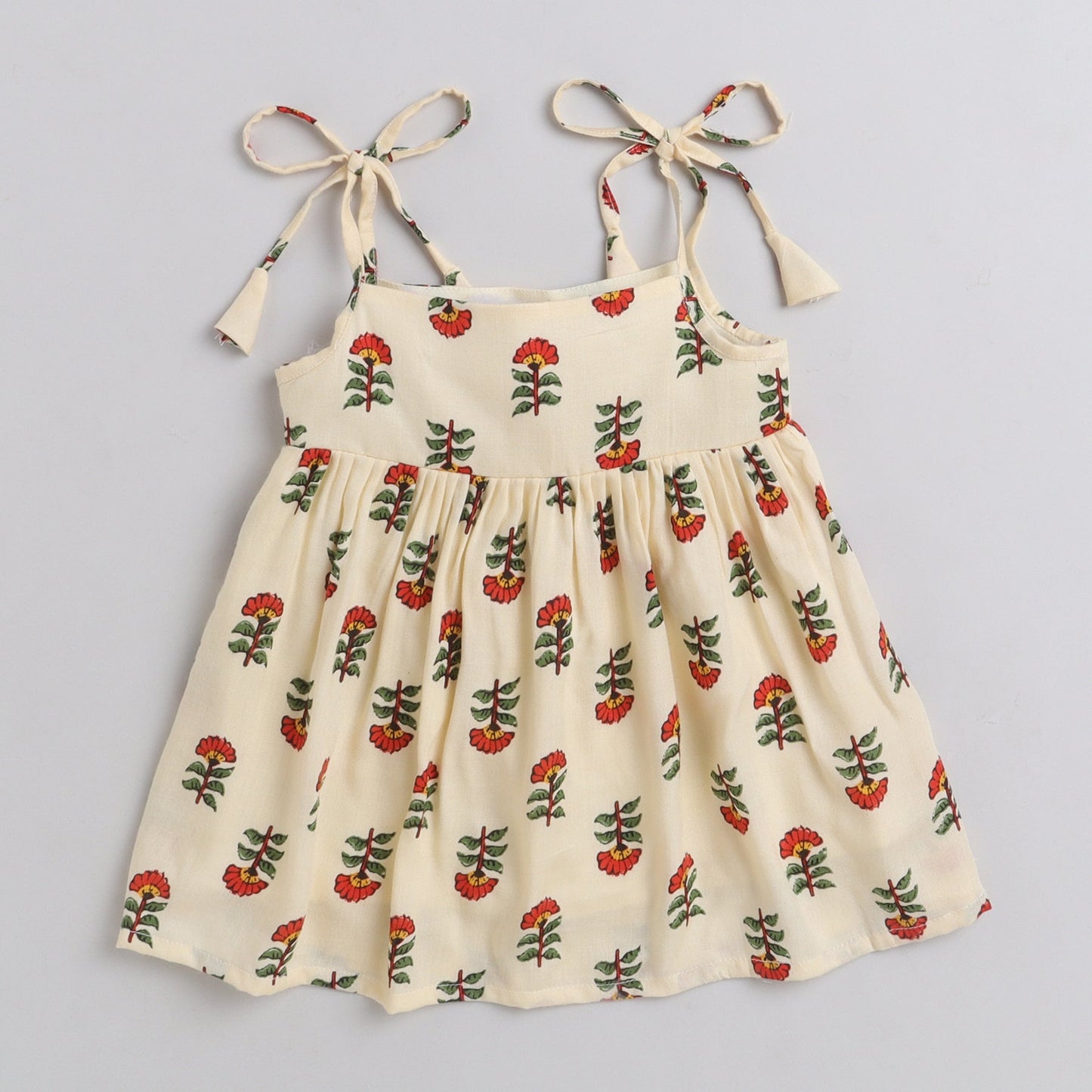 Many Frocks knee length foral printed silky textured baby dress - Red & Cream