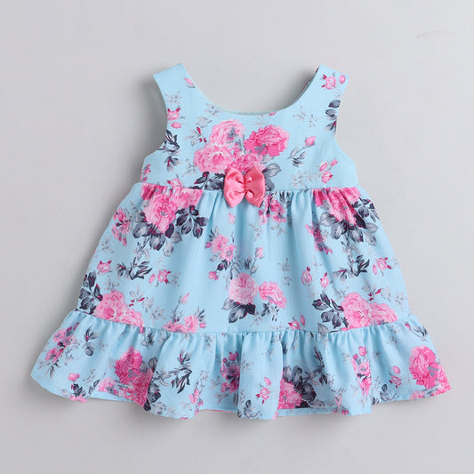Many frocks tiered knee length floral baby dress- Blue & pink