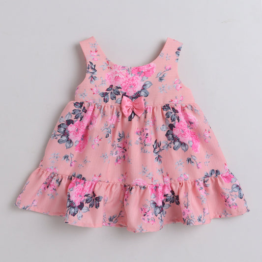Many frocks tiered knee length floral baby dress- Pink