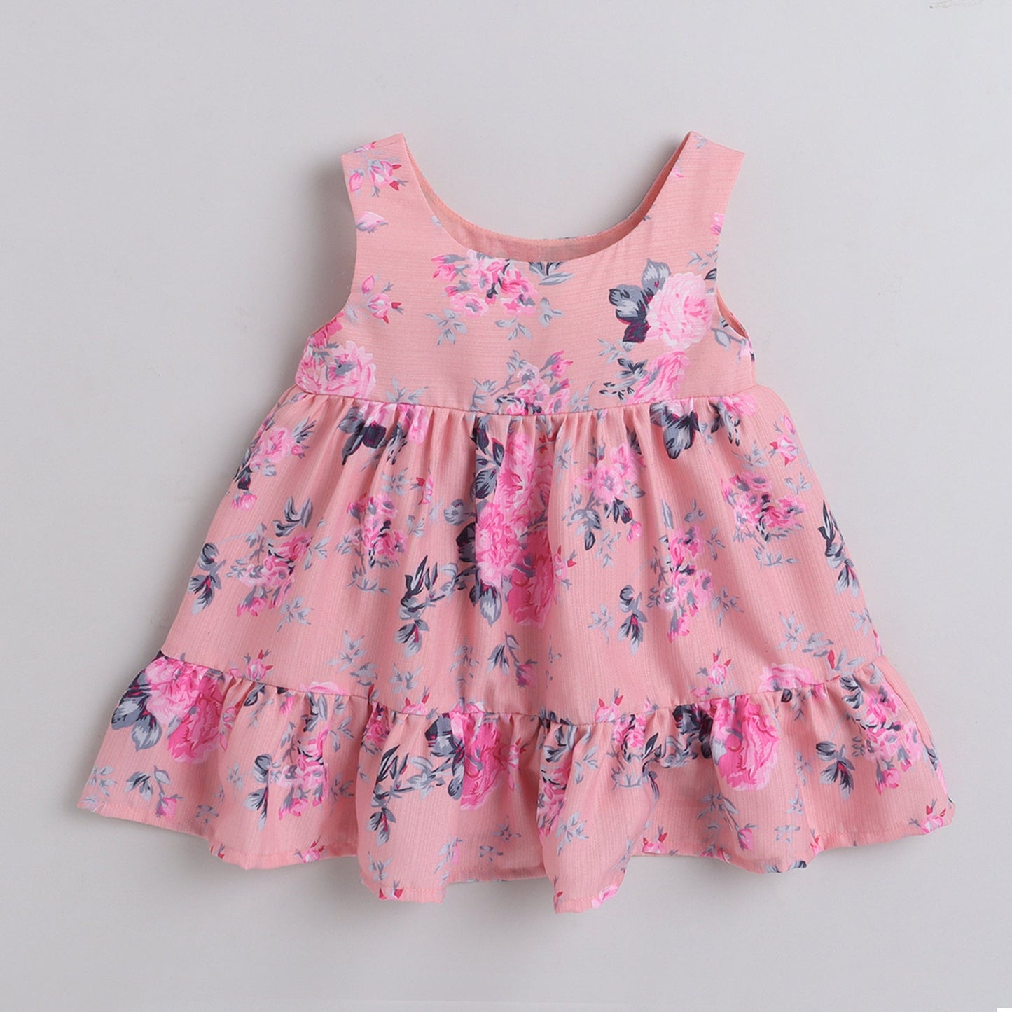 Many frocks tiered knee length floral baby dress- Pink